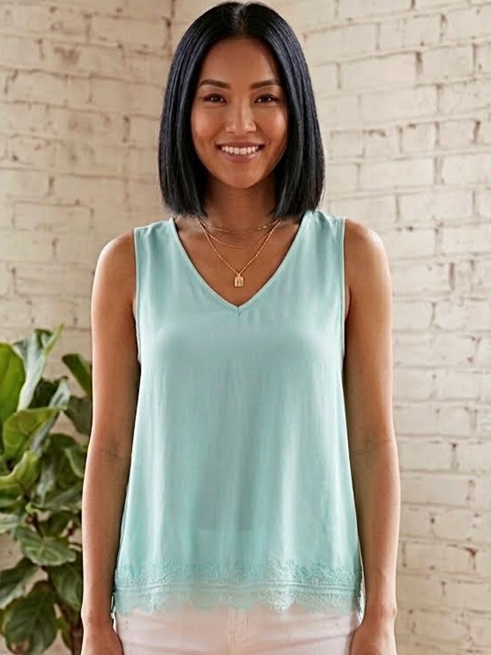 Sleeveless V-Neck Lace-Hem Tank Top